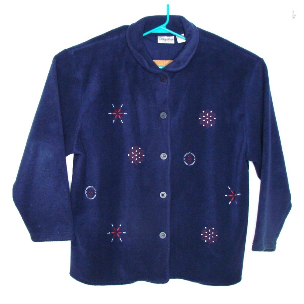 Nick & Sarah Blue Fleece Button Front Sweater Shacket 3X Embroidered Snowflakes